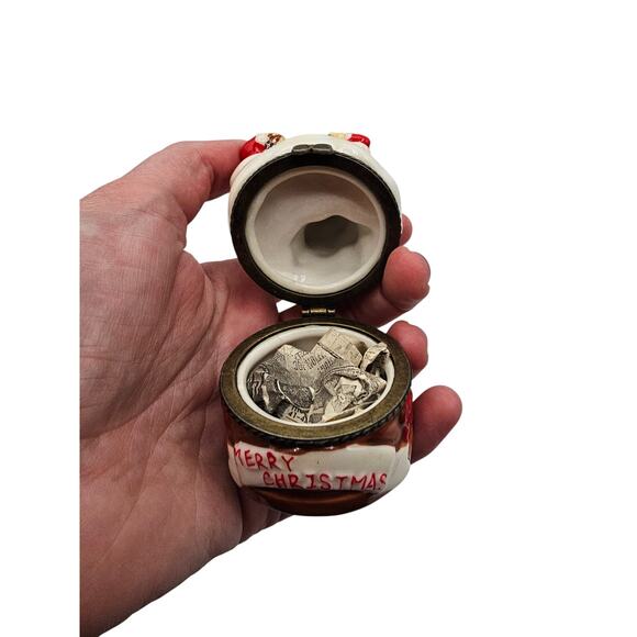 Vintage Christmas Tree Santa Claus Hinged Small Trinket Box Round 1990s - Picture 5 of 6